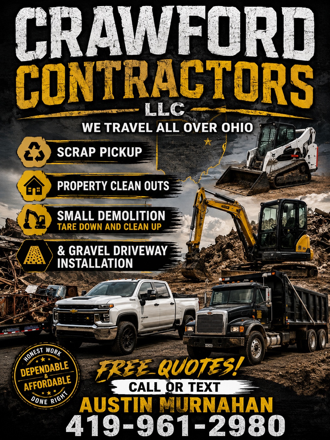 Crawford Contractors trucks, excavators, and services